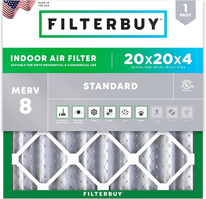 20x20x4 Air Filter MERV 8 Essential Dust & Allergy Defense (1-Pack), Electrostatic Pleated HVAC AC Furnace