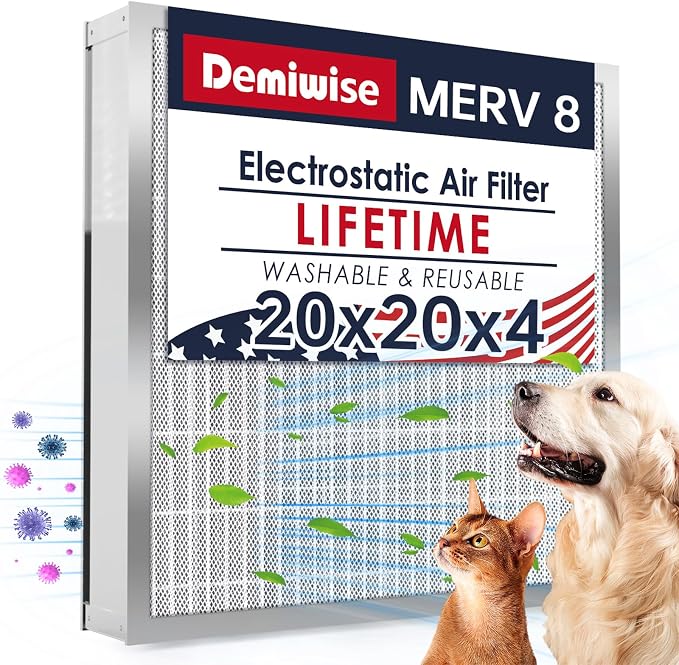 20x20x4 Washable Electrostatic Air Filter, MERV 8 Aluminum AC/HVAC Furnace Filter, Reusable Permanent Air Filter, Lasts a