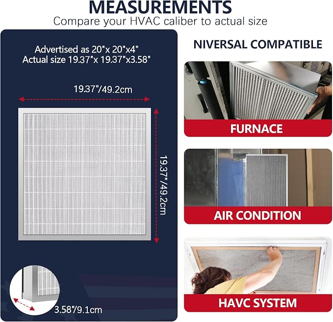 20x20x4 Washable Electrostatic Air Filter, MERV 8 Aluminum AC/HVAC Furnace Filter, Reusable Permanent Air Filter, Lasts a