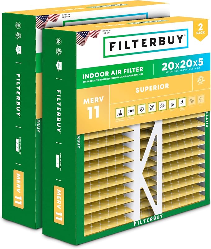 20x20x5 Air Filter MERV 11 Superior Pet & Allergy Defense (2-Pack), Pleated HVAC AC Furnace Filters for FC100A1011