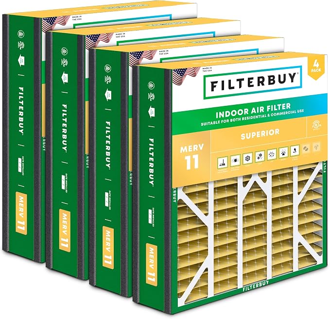 20x20x5 Air Filter MERV 11 Superior Pet & Allergy Defense (4-Pack), Electrostatic Pleated HVAC AC Furnace Filters for