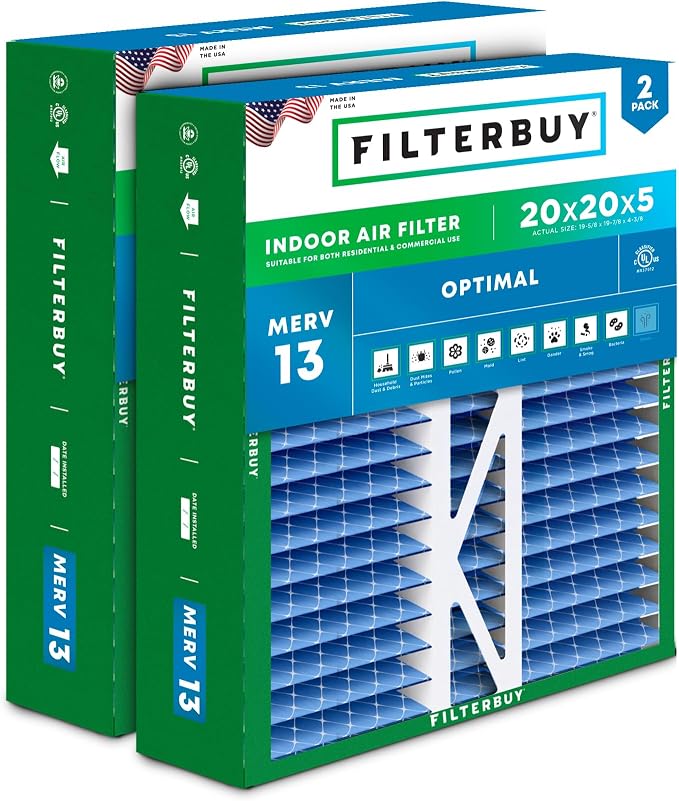 20x20x5 Air Filter MERV 13 Optimal Smoke & Allergy Defense (2-Pack), Pleated HVAC AC Furnace Filters for
