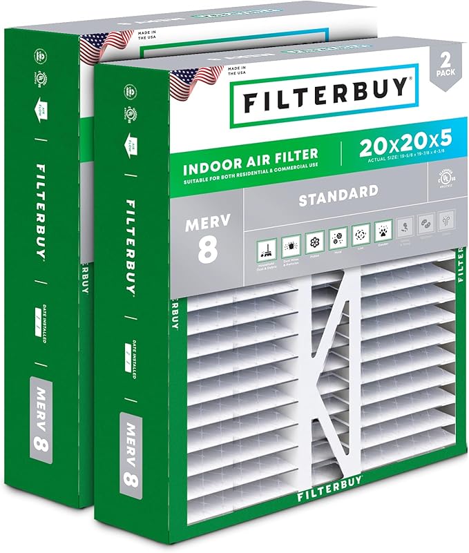 20x20x5 Air Filter MERV 8 Essential Dust & Allergy Defense (2-Pack), Pleated HVAC AC Furnace Filters for