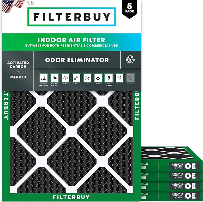 20x21.5x1 Air Filter MERV 10 Odor & Allergy Defense with Activated Carbon (5-Pack), Electrostatic Pleated HVAC AC Furnace