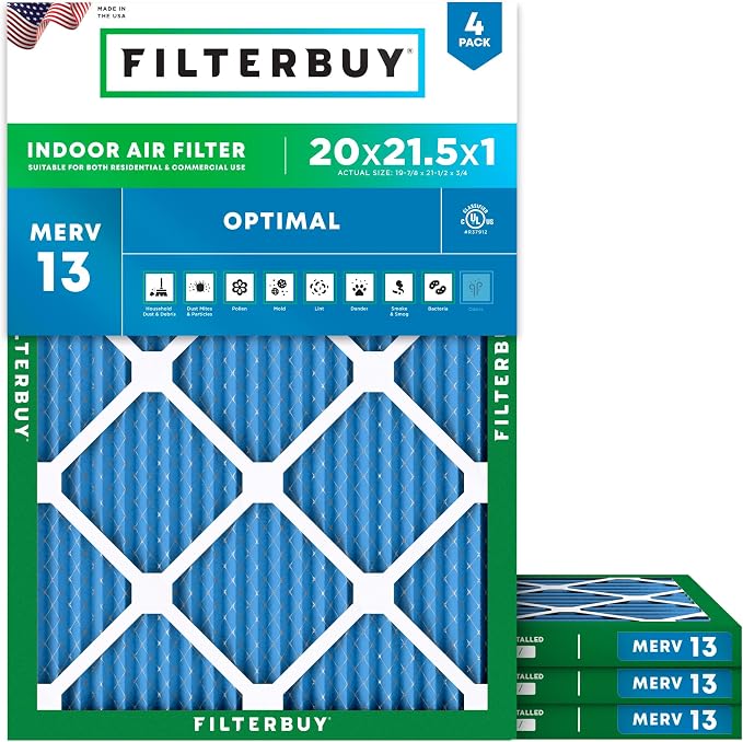 20x21.5x1 Air Filter MERV 13 Optimal Smoke & Allergy Defense (4-Pack), Electrostatic Pleated HVAC AC Furnace
