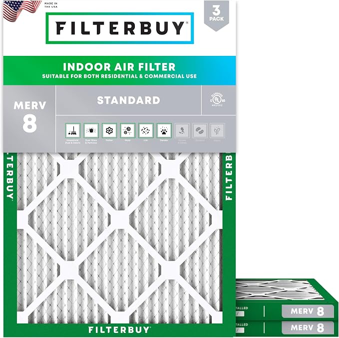 20x21x1 Air Filter MERV 8 Essential Dust & Allergy Defense (3-Pack), Electrostatic Pleated HVAC AC Furnace