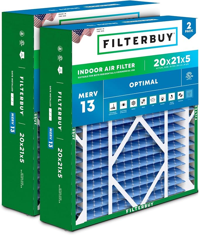 20x21x5 Air Filter MERV 13 Optimal Smoke & Allergy Defense (2-Pack), Electrostatic Pleated HVAC AC Furnace Filters