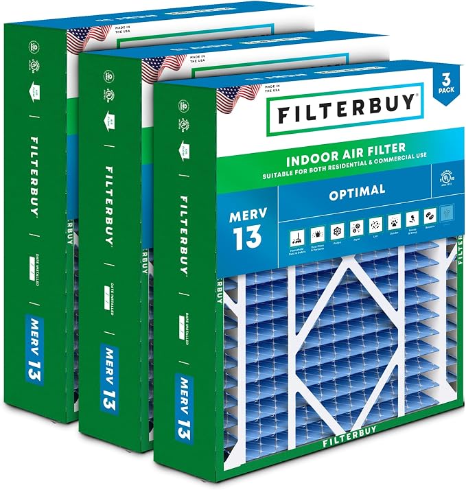 20x21x5 Air Filter MERV 13 Optimal Smoke & Allergy Defense (3-Pack), Electrostatic Pleated HVAC AC Furnace Filters