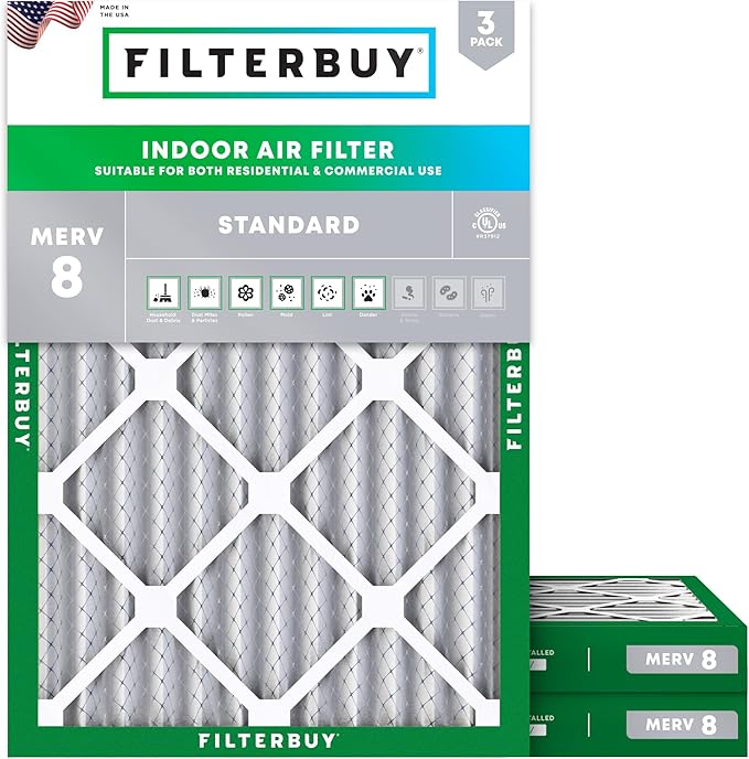 20x22x2 Air Filter MERV 8 Essential Dust & Allergy Defense (3-Pack), Electrostatic Pleated HVAC AC Furnace