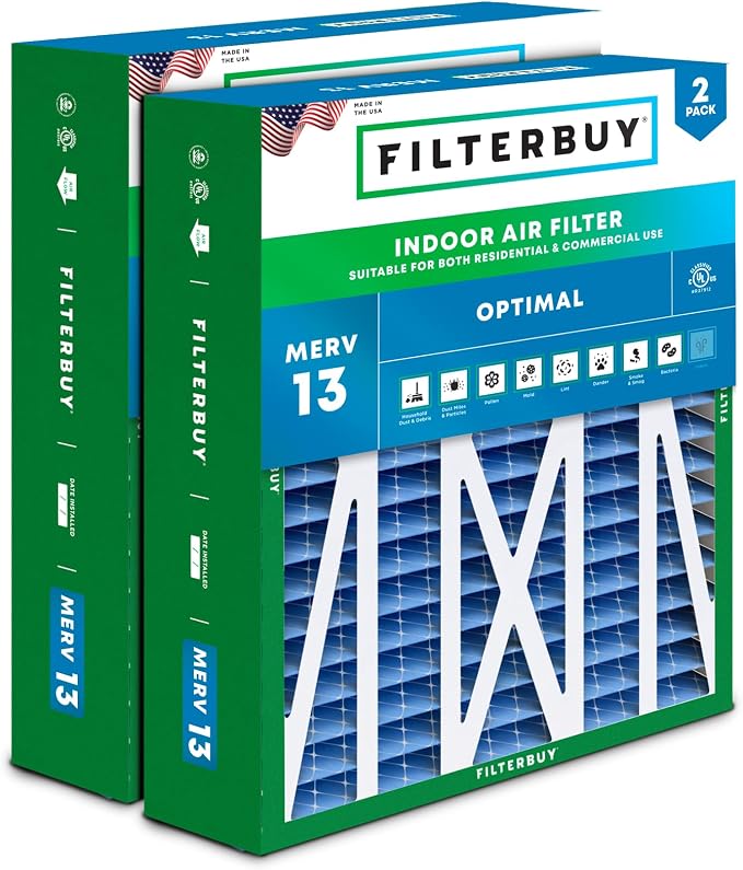 20x23x5 Air Filter MERV 13 Optimal Smoke & Allergy Defense (2-Pack), Pleated HVAC AC Furnace Filters for Bryant, Carrier