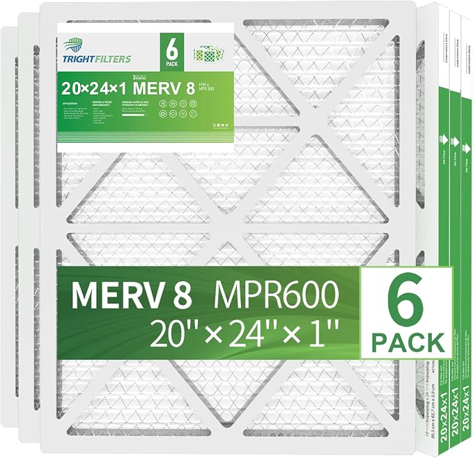 20x24x1 Air Filter 6 Pack, Durable MERV 8 Pleated Home HVAC AC Furnace Filters, Lightweight Compact Air Conditioner Filter