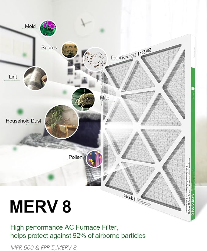 20x24x1 Air Filter 6 Pack, Durable MERV 8 Pleated Home HVAC AC Furnace Filters, Lightweight Compact Air Conditioner Filter