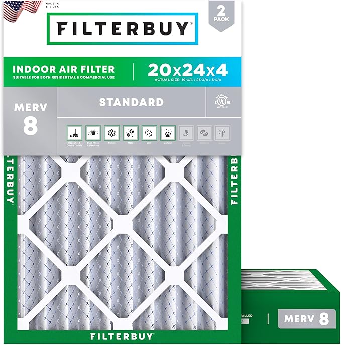 20x24x4 Air Filter MERV 8 Essential Dust & Allergy Defense (2-Pack), Electrostatic Pleated HVAC AC Furnace Filters