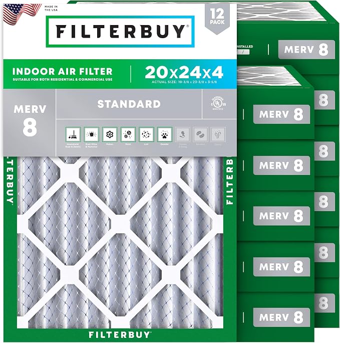 20x24x4 Air Filter MERV 8 Essential Dust & Allergy Defense (12-Pack), Electrostatic Pleated HVAC AC Furnace