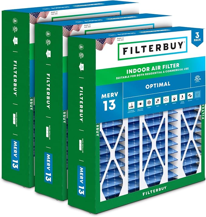 20x25.25x3.5 Air Filter MERV 13 Optimal Smoke & Allergy Defense (3-Pack), Pleated HVAC AC Furnace Filters for