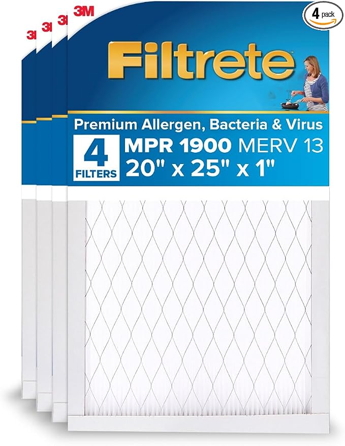 20x25x1 AC Furnace Air Filter, MERV 13, MPR 1900, Premium Allergen, Bacteria & Virus Filter, 3-Month Pleated 1-Inch