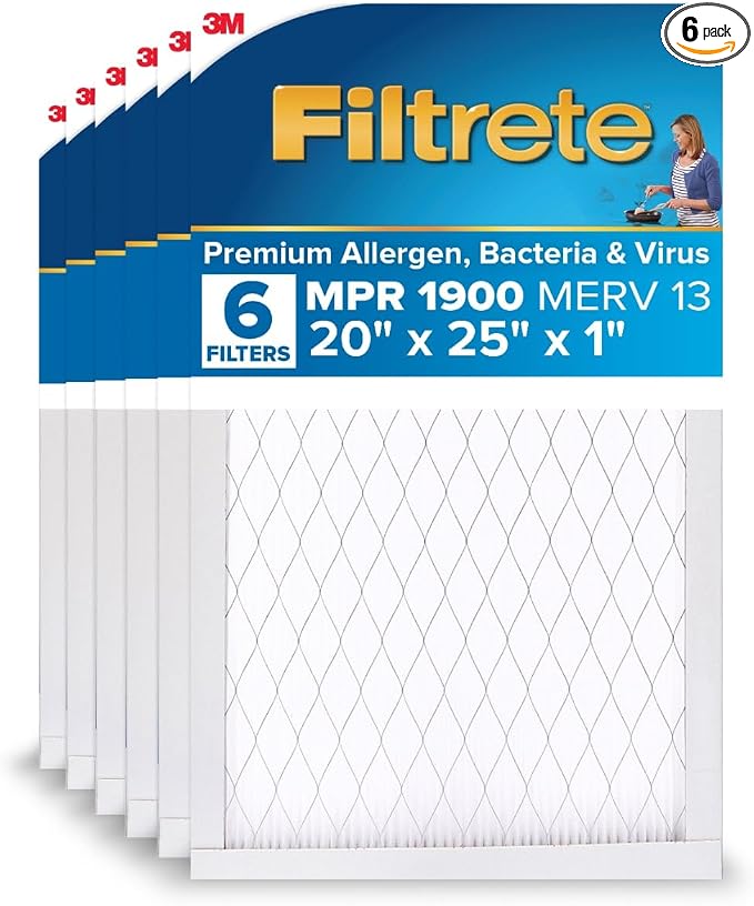 20x25x1 AC Furnace Air Filter, MERV 13, MPR 1900, Premium Allergen, Bacteria & Virus Filter, 3-Month Pleated