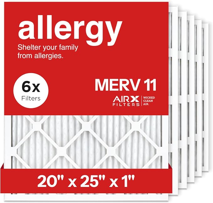 20x25x1 Air Filter by MERV 11 Pleated Furnace Filter HVAC AC Filters - Made in the USA - 6 Pack, product image