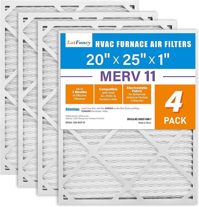 20x25x1 Air Filter MERV 11 4-Pack, Electrostatic Pleated AC Furnace Air Filter, Captures Dust, Smog & Pet Dander, Actual