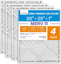 20x25x1 Air Filter MERV 11 4-Pack, Electrostatic Pleated AC Furnace Air Filter, Captures Dust, Smog & Pet Dander, Actual