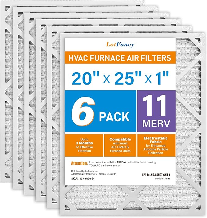 20x25x1 Air Filter MERV 11 6-Pack, Electrostatic Pleated AC Furnace Air Filter, Captures Dust, Smog & Pet