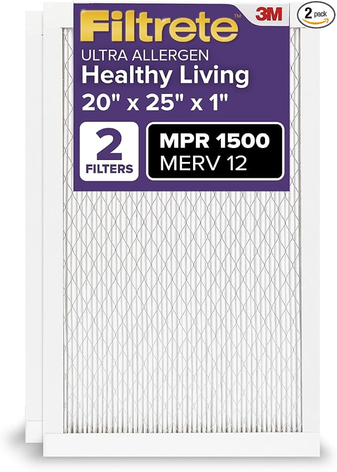 20x25x1 Air Filter MERV 12, MPR 1500 Certified Asthma & Allergy Friendly 2-Pack, AC Furnace HVAC Filters for Home, product
