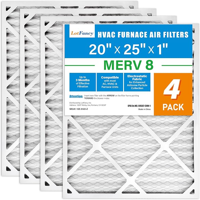 20x25x1 Air Filter MERV 8 4-Pack, Electrostatic Pleated Furnace & AC Filter, Captures Dust, Pet Hair, Pollen, Actual Size