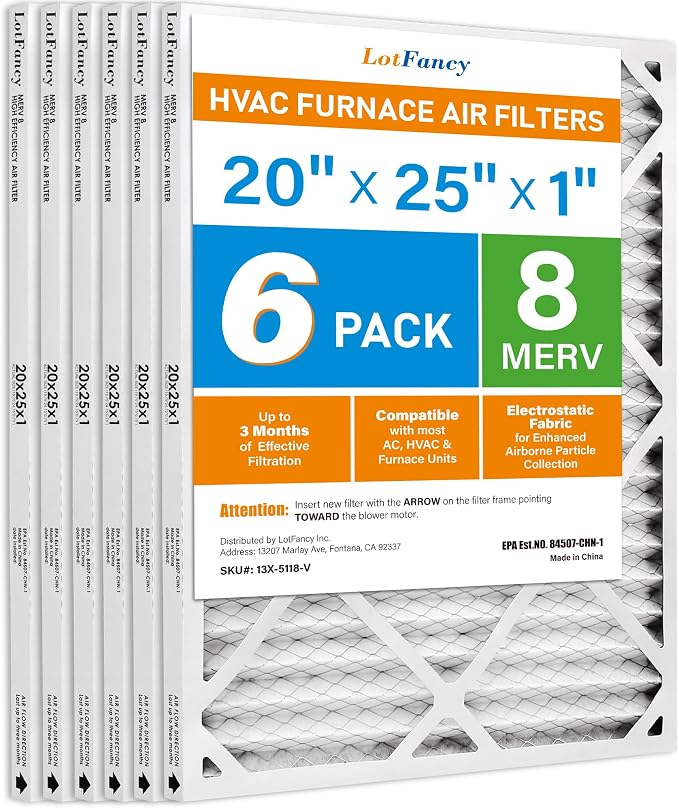 20x25x1 Air Filter MERV 8 6-Pack, Electrostatic Pleated Furnace & AC Filter, Captures Dust, Pet Hair, Pollen