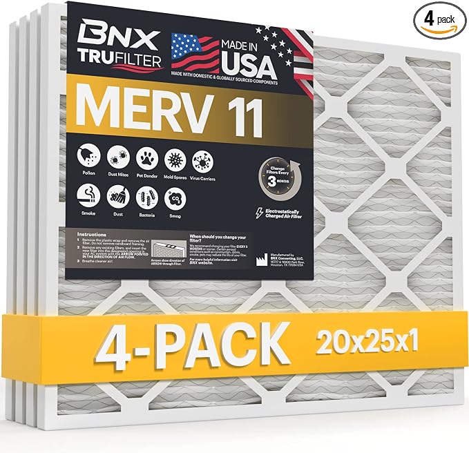 20x25x1 MERV 11 Air Filter 4 Pack - MADE IN USA - Electrostatic Pleated Air Conditioner HVAC AC Furnace Filters - Removes