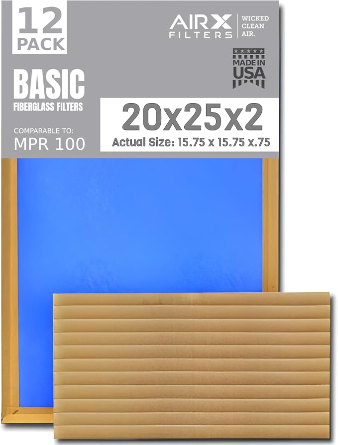 20x25x2 Air Filter Comparable to MPR 100 Basic Economy Furnace Filters, 12 Pack of Non Pleated Fiberglass Filter For Dust