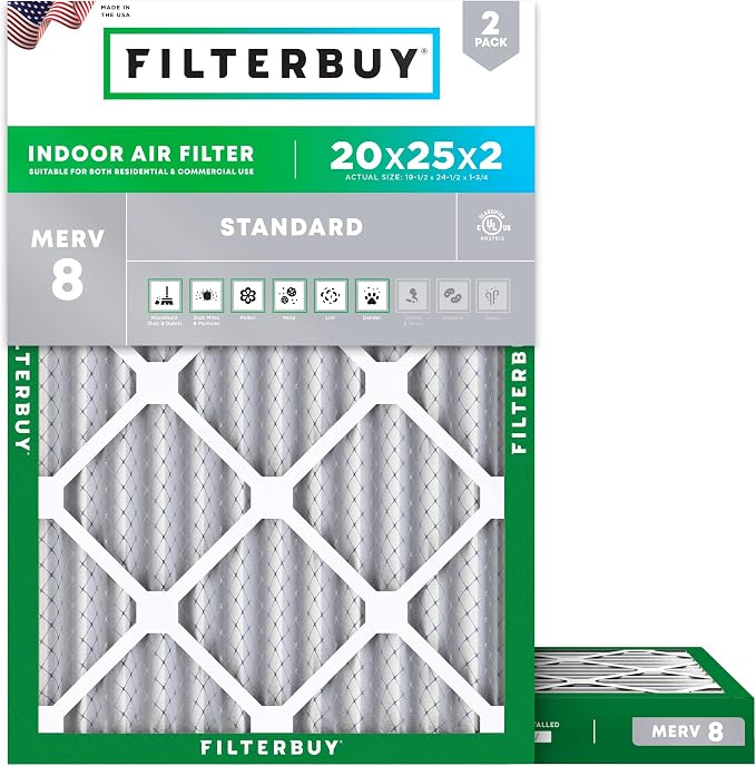 20x25x2 Air Filter MERV 8 Essential Dust & Allergy Defense (2-Pack), Electrostatic Pleated HVAC AC Furnace Filters