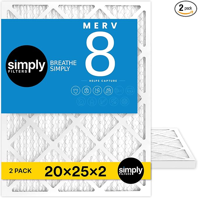 20x25x2 Air Filter, MERV 8, MPR 600, 2 Pack, Furnace Air Filter for HVAC (Actual Size: 19.5"x24.5"x1.75") DUST, Pet & Allergy