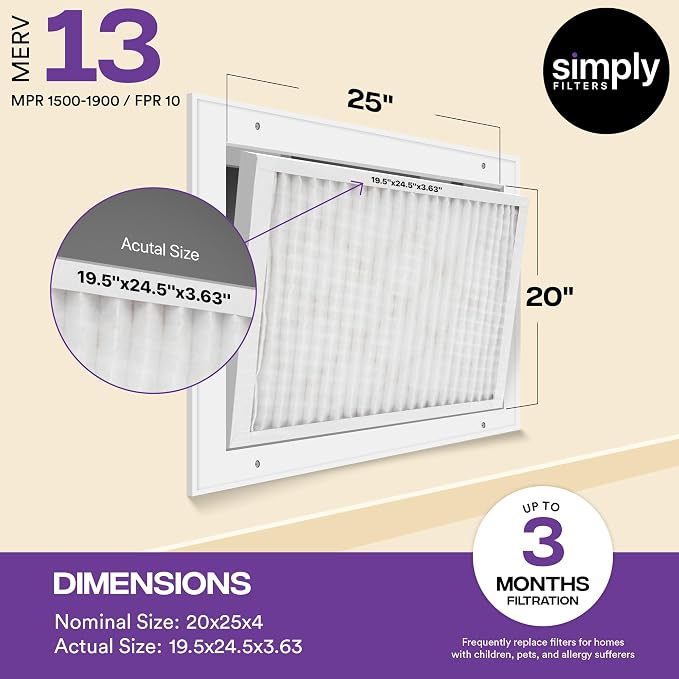 20x25x4 Air Filter, MERV 13, 6 Pack, Furnace Air Filter for HVAC (Actual Size:19.5"x24.5"x3.63") DUST, Pet, & Allergy