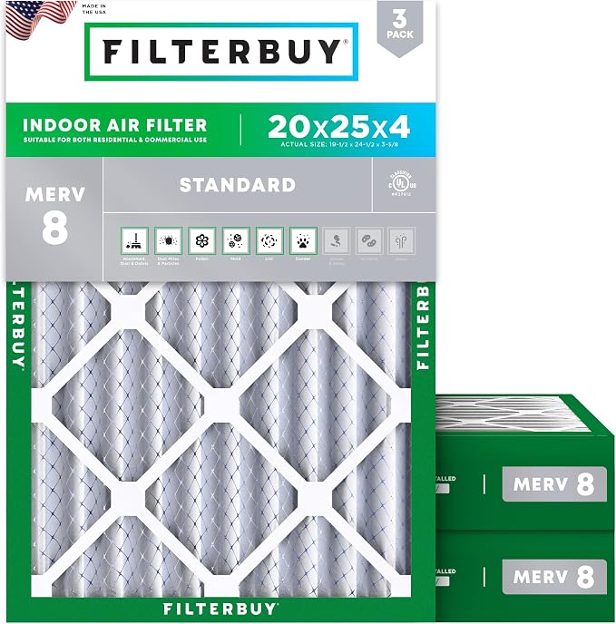 20x25x4 Air Filter MERV 8 Essential Dust & Allergy Defense (3-Pack), Electrostatic Pleated HVAC AC Furnace