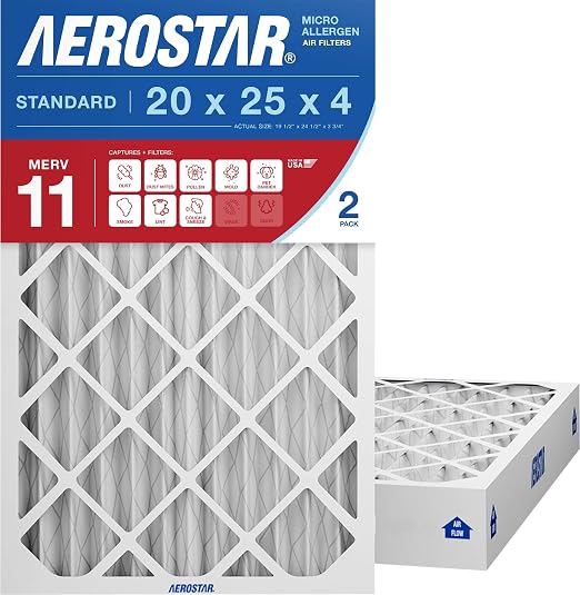 20x25x4 MERV 11 Air Filter, 2 Pack Set of HVAC Furnace Filters, Electrostatic MPR 1000-1200 & FPR 7 (Actual Size: 19 1/2 x 24