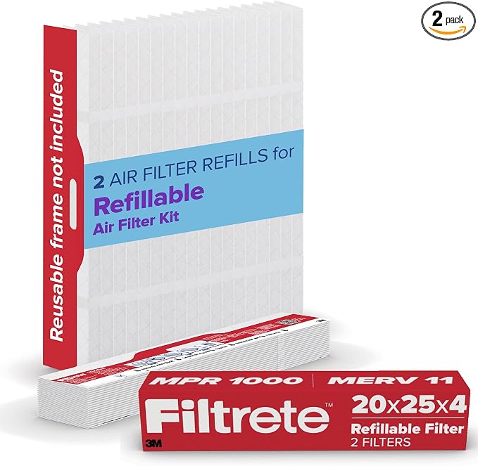 20x25x4 Refillable Air Filter replacement, MPR 1000, MERV 11, Allergen Defense, 2 Pack, use with reusable air filter frame of