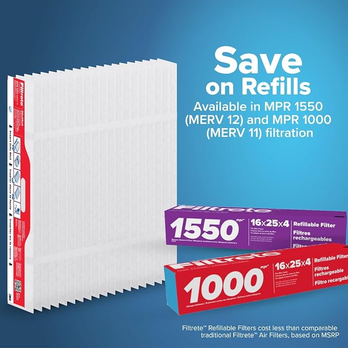 20x25x4 Refillable Air Filter replacement, MPR 1000, MERV 11, Allergen Defense, 2 Pack, use with reusable air filter frame of