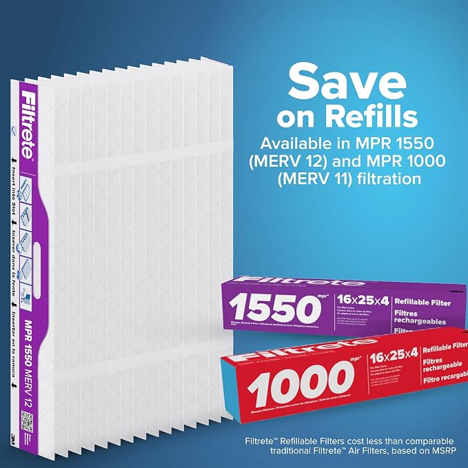 20x25x4 Refillable Air Filter replacement, MPR 1550, MERV 12, Allergen Bacteria & Virus, 2 Pack, use with reusable air filter