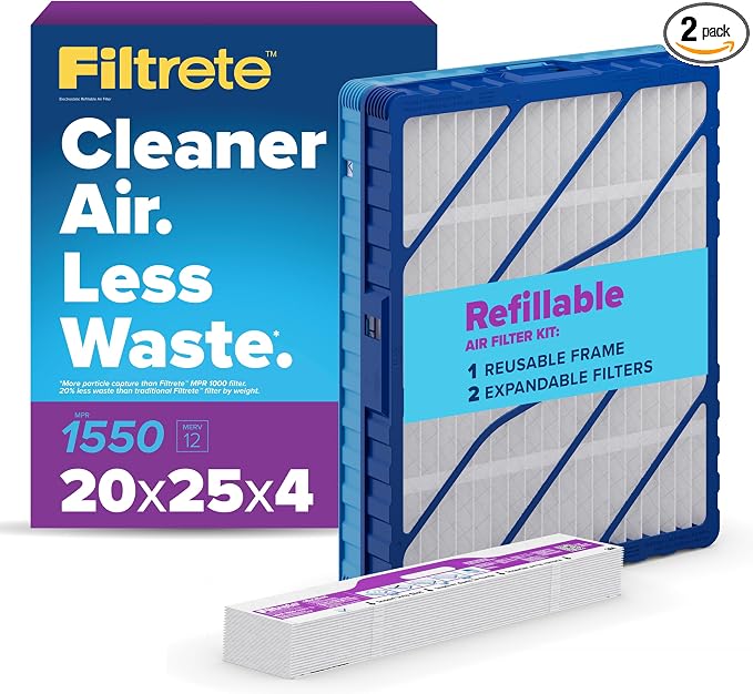 20x25x4 Refillable Air Filter Starter Kit, MPR 1550, MERV 12, 1 Reusable Air Filter Frame & 2 Air Filters, Fits &