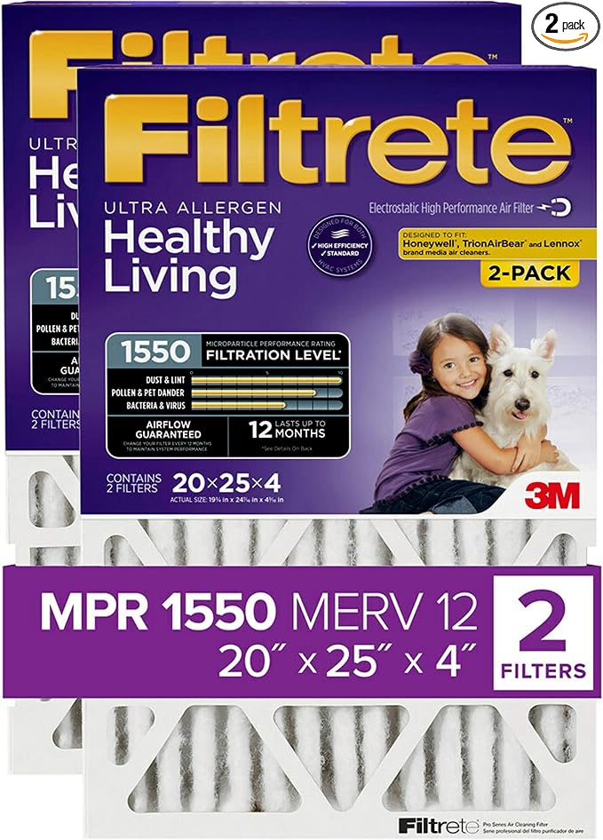 20x25x4(SlimFit), AC Furnace Air Filter, MPR 1550 DP, Healthy Living Ultra Allergen Deep Pleat, 2-Pack, Fits