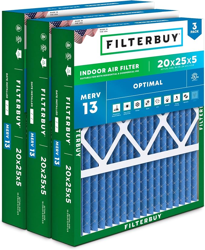 20x25x5 Air Filter MERV 13 Optimal Smoke & Allergy Defense (3-Pack), Pleated HVAC AC Furnace Filters for