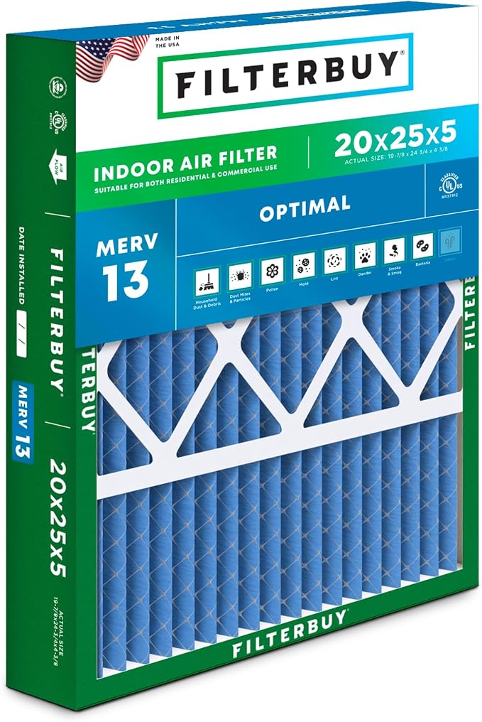 20x25x5 Air Filter MERV 13 Optimal Smoke & Allergy Defense (1-Pack), Pleated HVAC AC Furnace Filters for