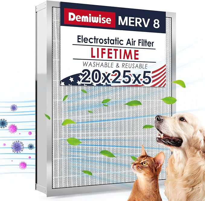 20x25x5 Washable Electrostatic Air Filter, MERV 8 Aluminum AC/HVAC Furnace Filter, Reusable Permanent Air Filter, Lasts a
