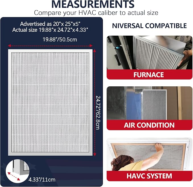 20x25x5 Washable Electrostatic Air Filter, MERV 8 Aluminum AC/HVAC Furnace Filter, Reusable Permanent Air Filter, Lasts a