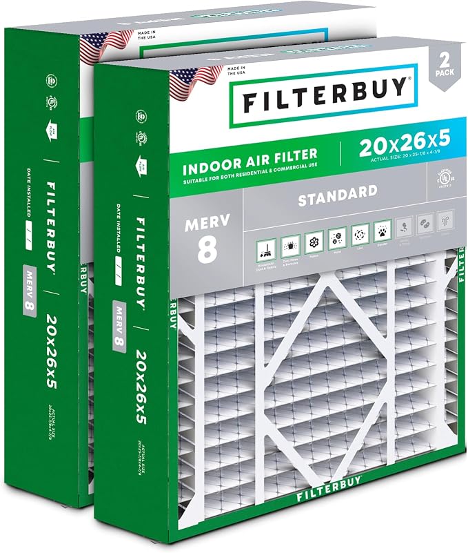 20x26x5 Air Filter MERV 8 Essential Dust & Allergy Defense (2-Pack), Pleated HVAC AC Furnace Filters for Electro-Air, Lennox