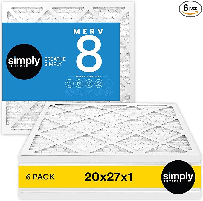 20x27x1 Air Filter, Merv 8, 6 Pack, For Home AC Furnace & HVAC (Actual Size: 19.75"x26.75"x0.75") DUST, Pet, & Allergy
