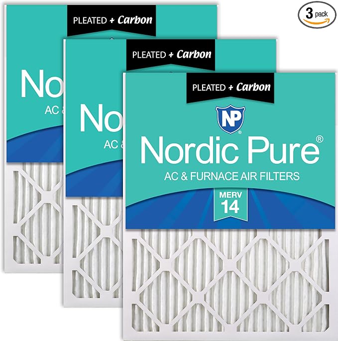 20x30x1 (Actual Size: 19 5/8 x 29 5/8 x 3/4) Pleated Air Filters MERV 14 Plus Carbon 3 Pack, product image