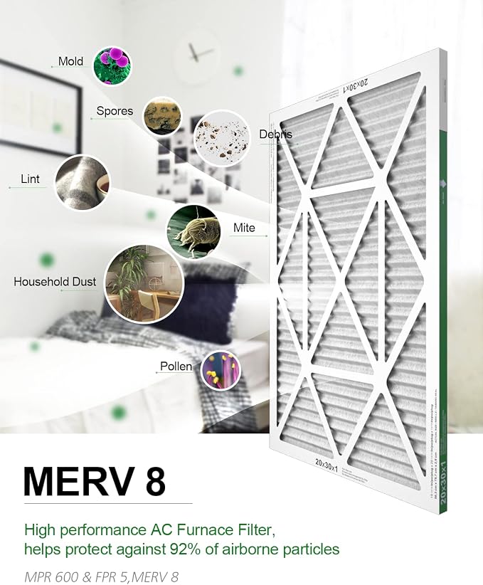 20x30x1 Air Filter 6 Pack, Durable MERV 8 Pleated Home HVAC AC Furnace Filters, Lightweight Compact Air Conditioner Filter