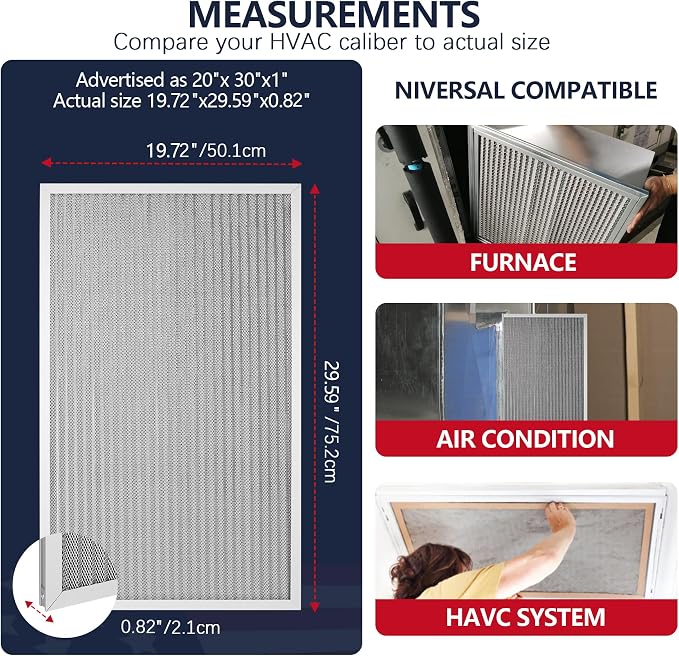 20x30x1 Electrostatic Air Filter, MERV 8 Reusable & Washable Aluminum AC/HVAC Furnace Filter Replacement, Permanent Air