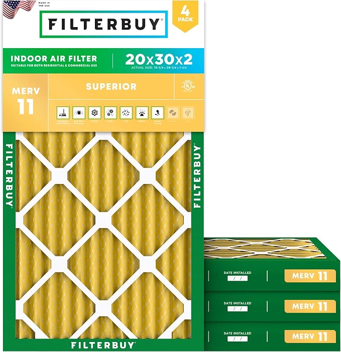20x30x2 Air Filter MERV 11 Superior Pet & Allergy Defense (4-Pack), Electrostatic Pleated HVAC AC Furnace Filters Replacement